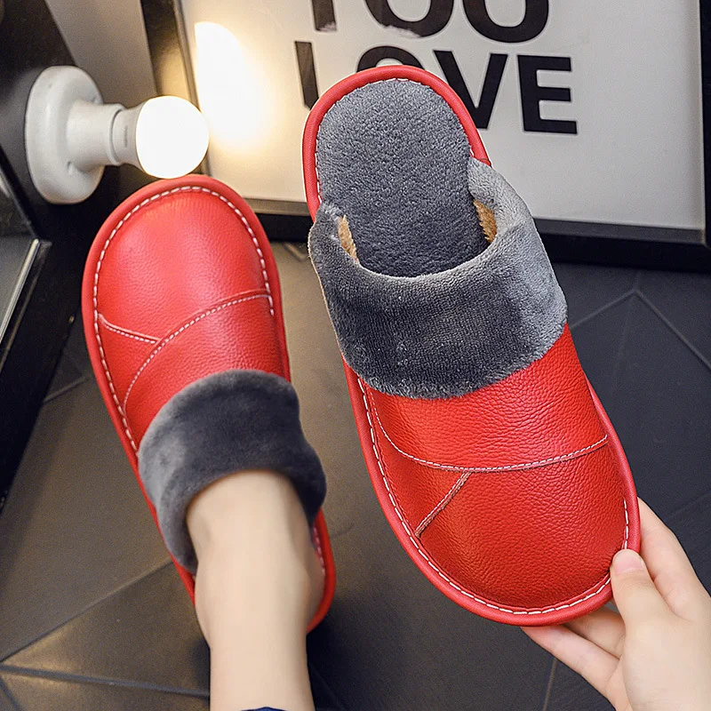 

Solid red indoor slippers women's autumn winter 2020 new classic genuine leather home plush shoes woman's footwear
