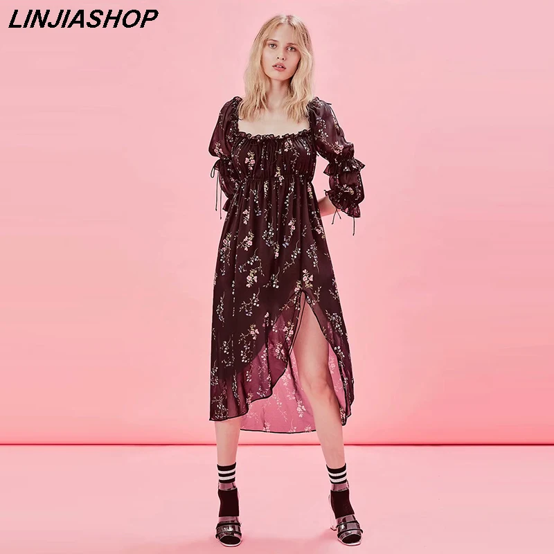 Boho loveshack/летнее платье с квадратным вырезом и оборками, тонкое шелковое платье с высокой талией, праздничное платье для блогеров в стиле пэчворк
