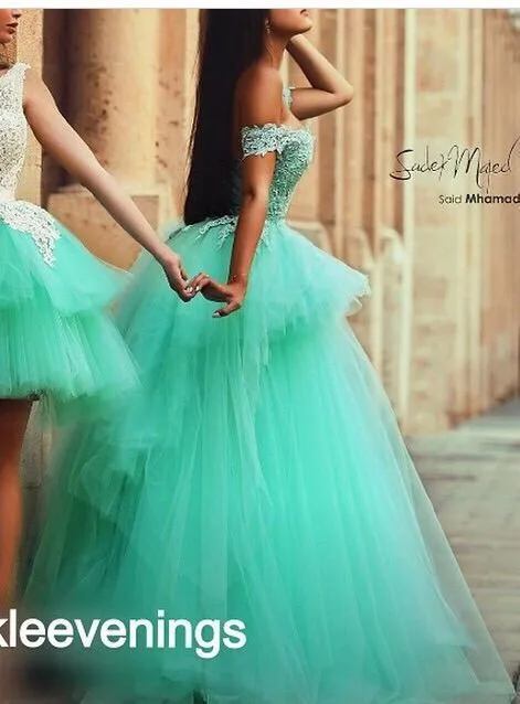 

Young Bright Blue Off the Shoulder Sweetheart Appliqued Lace Puffy Tulle Princess Prom Dresses