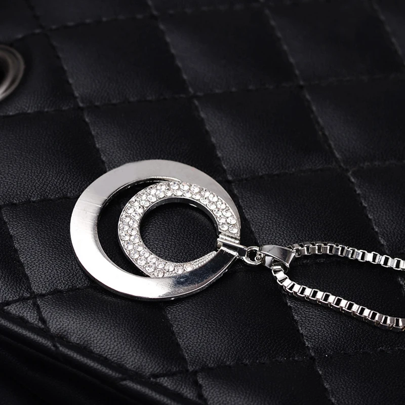 Женское длинное ожерелье со стразами серебряное с двойным кольцом подвеской|circle