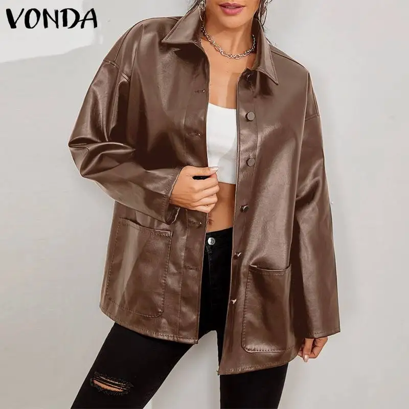 

Женские куртки из искусственной кожи VONDA 2021, офисный деловой костюм, блейзеры, верхняя одежда, женский пиджак с длинным рукавом, лацканами и ...