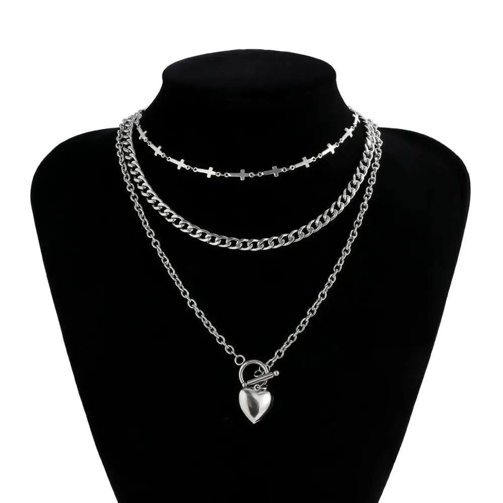 

SHIXIN 3 Pcs/Set Layered Short Cross Chunky Choker Necklace Colar With Love Heart Pendants Necklaces for Women 2020 Neck Jewelry