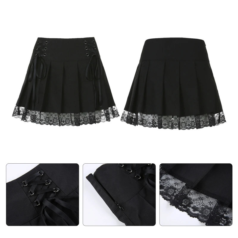 

Women Punk Style Low Waist Pleated Black Mini Skater Skirt Crisscross Bandage Sexy Lace Patchwork Hem Harajuku Clubwear