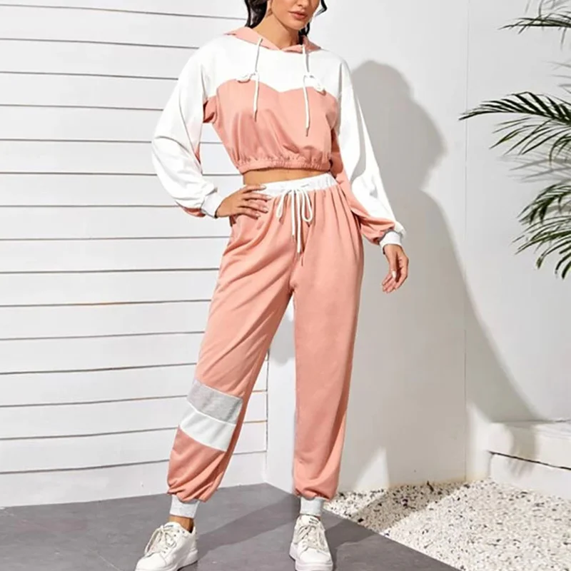 

Casual Color Matching Women Hooded Two Piece Sets Cropped Drawstring Pullover Top And Lace Up Pant Suit Fashion Autumn Tracksuit