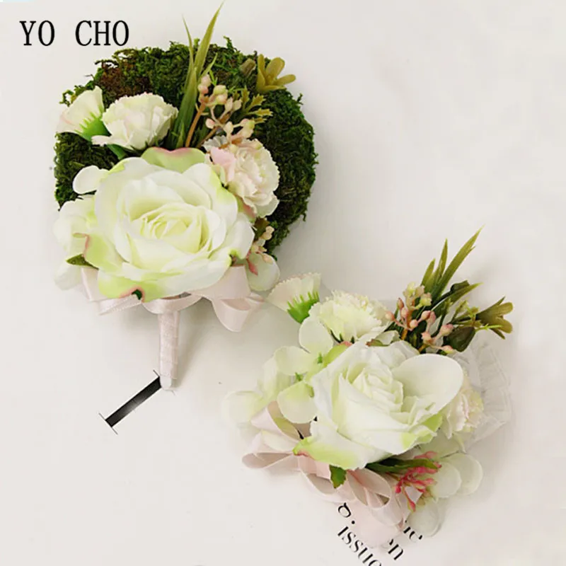 

YO CHO White Corsage Bracelet Bridesmaid Boutonniere Wedding Buttonhole Silk Roses Groom Boutonniere Flower Marriage Accessories