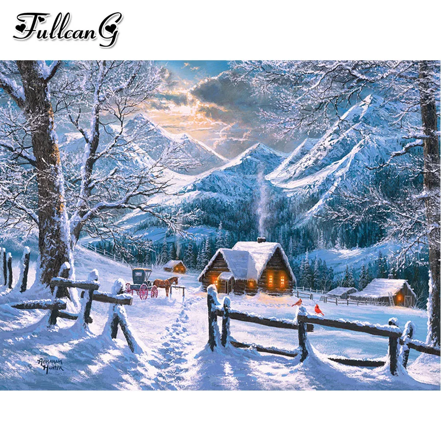 

5d diy full diamond painting snow house rhinestone embroidery winter landscape cross stitch kits home decoration AA3020