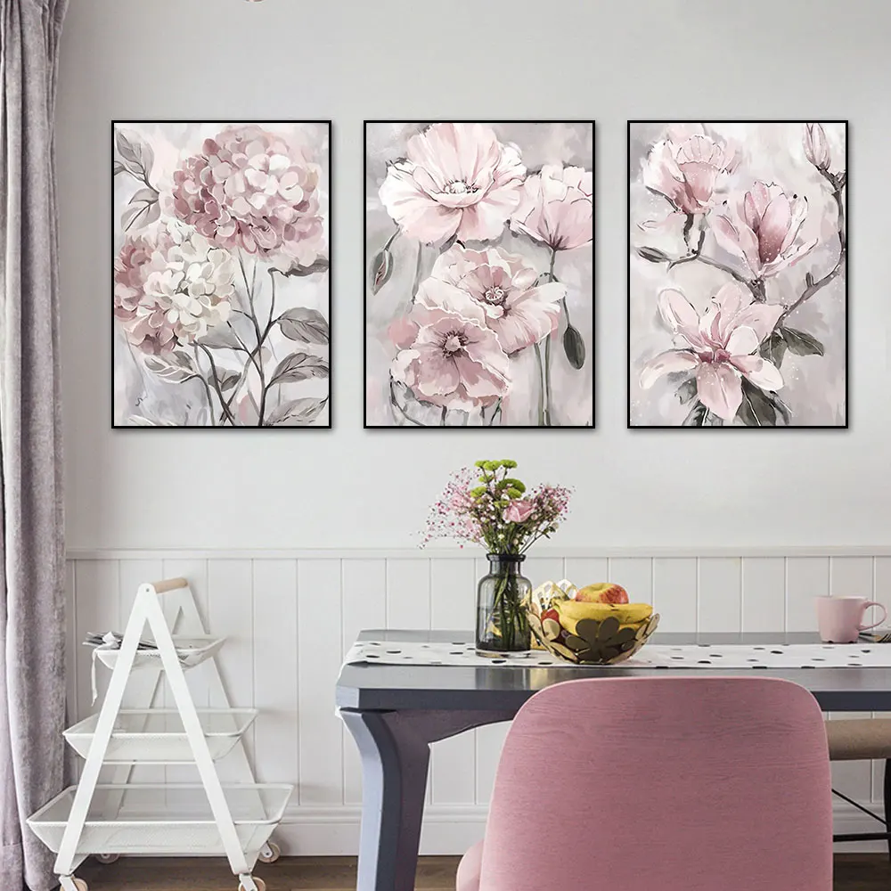 

3 Panel Pink Flowers Painting Nordic Modern Plant Canvas Prints And Posters Wall Art Picture For Living Room Home Decoration