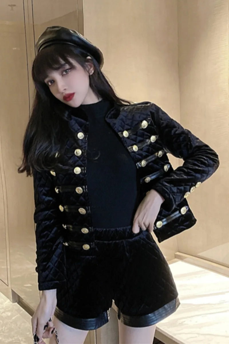 

Autumn And Winter 2020 New Fashion Cotton Clip Double Breasted Short Jacket Women's High Waist Thin Velvet Shorts Set