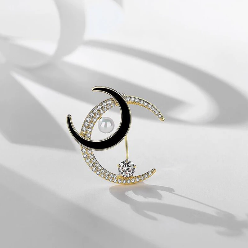 

Brilliant Overlapping Double Moon Brooches for Women Gold Black Color Pearl Crescent Brooches Pins Suit Coat Dress Accessories