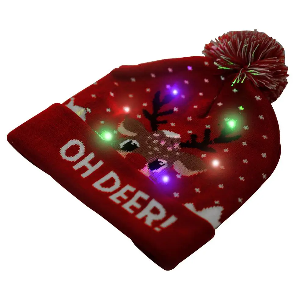 Светодиодный вязаный красный головной убор с цветными лампочками и лосями