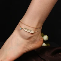 hot selling fashion vintage bohemian multi layer alloy anklets blue turquoise feather pendant