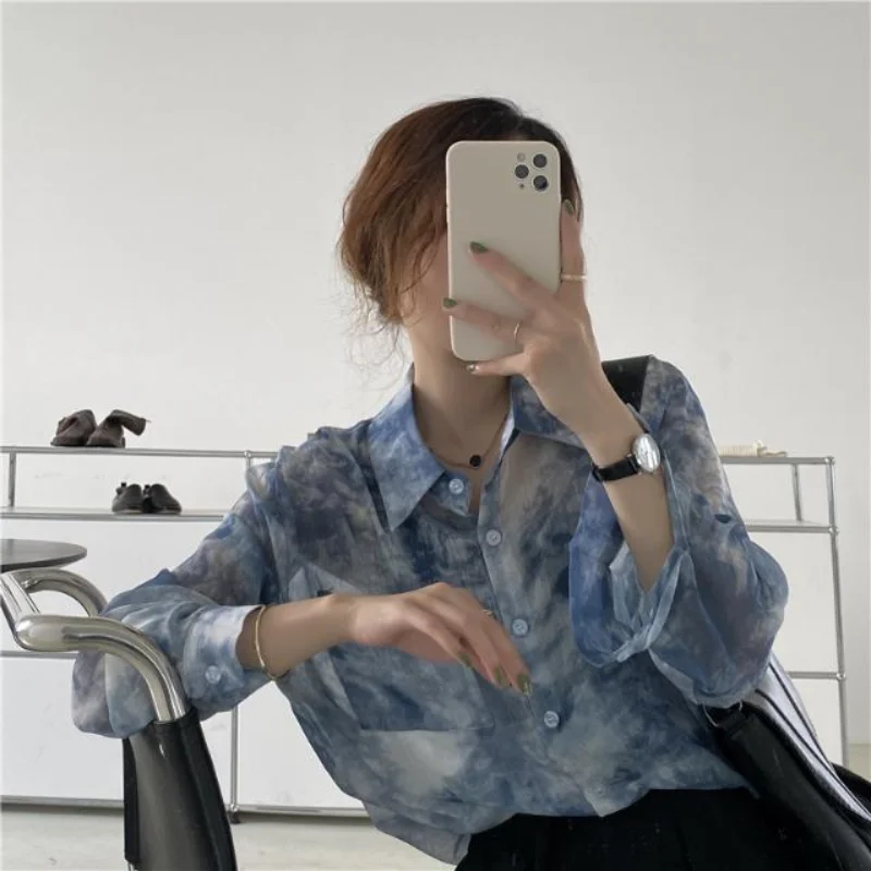 

Chic ink design sense long sleeve shirt 2021 autunm Korean Fashion wind loose foreign style tops turn down collars shirts women