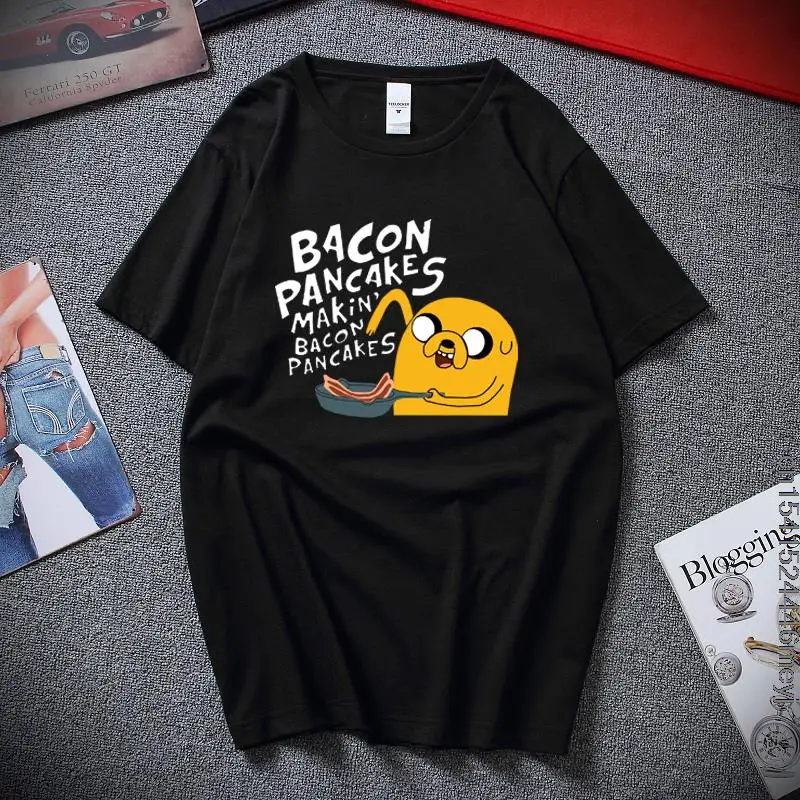 

Fashion Style Graphic Cotton Short Sleeves Adventure Time Jake And Finn Bacon Pancakes Tshirt Black White Round Neck T Shirt Tee