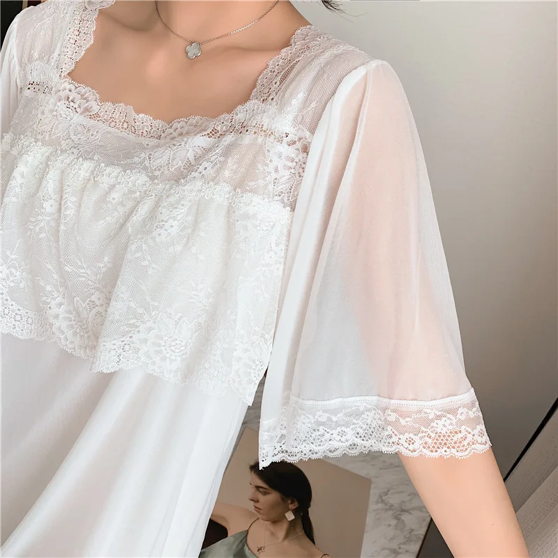 

White Loose Homedress Sexy Nightdress Ladies Casual Summer Short Sleeve Lace Sleepshirt Sweet Princess Retro palace