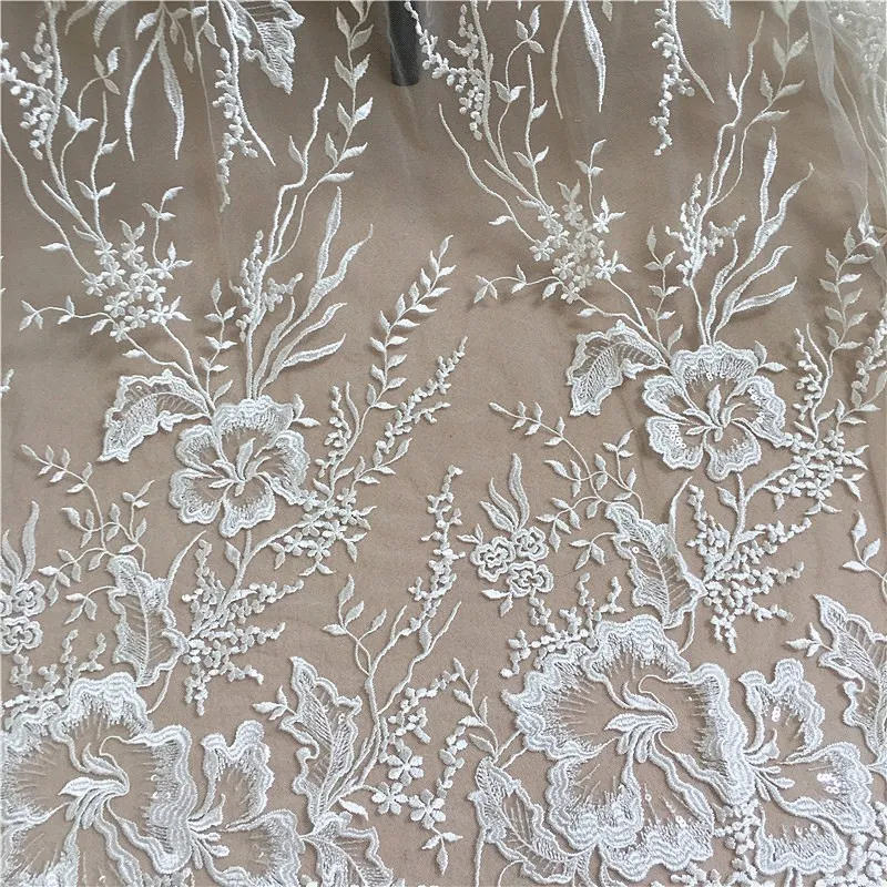 1 ярд качество прозрачный блесток Off White Тюль Цветочная вышивка кружевная ткань, свадебное платье фата Болеро ткань