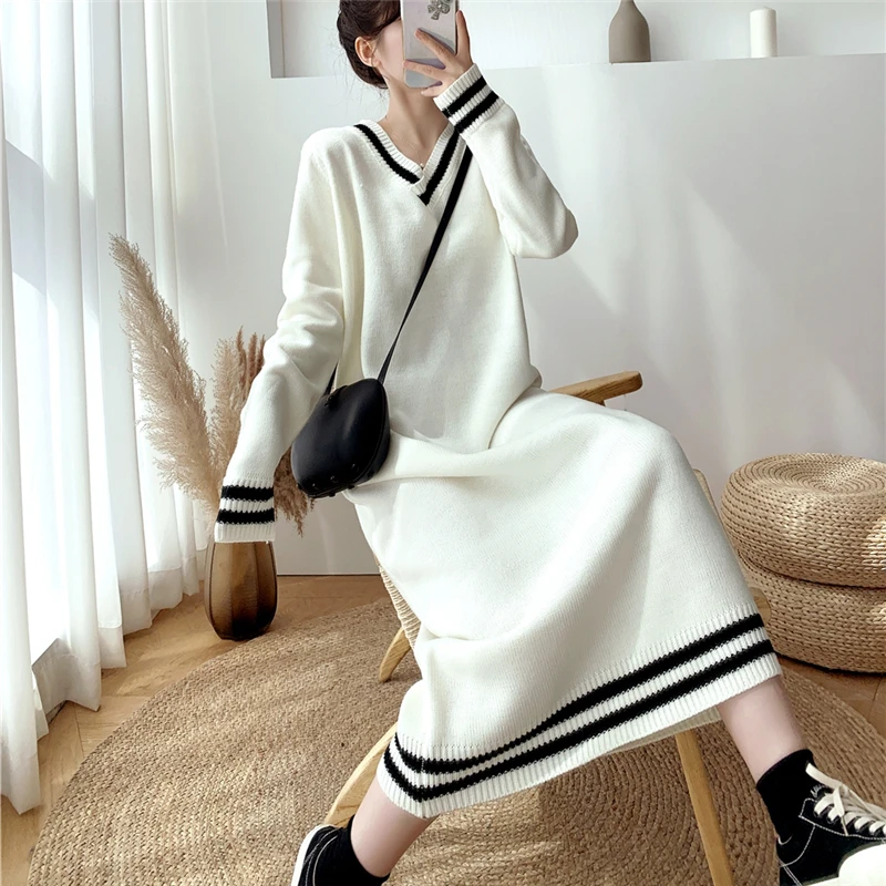 

Make firm offers qiu dong long over-the-knee loose straight v-neck stripe color matching wool dress knit dress is female