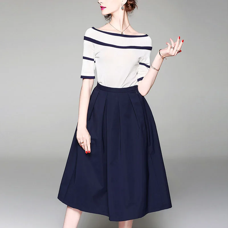 Zpqowv Spring Summer Women Short Sleeve Off Shoulder Knit Two Piece Dress Elegant Party Office Wear One | Женская одежда