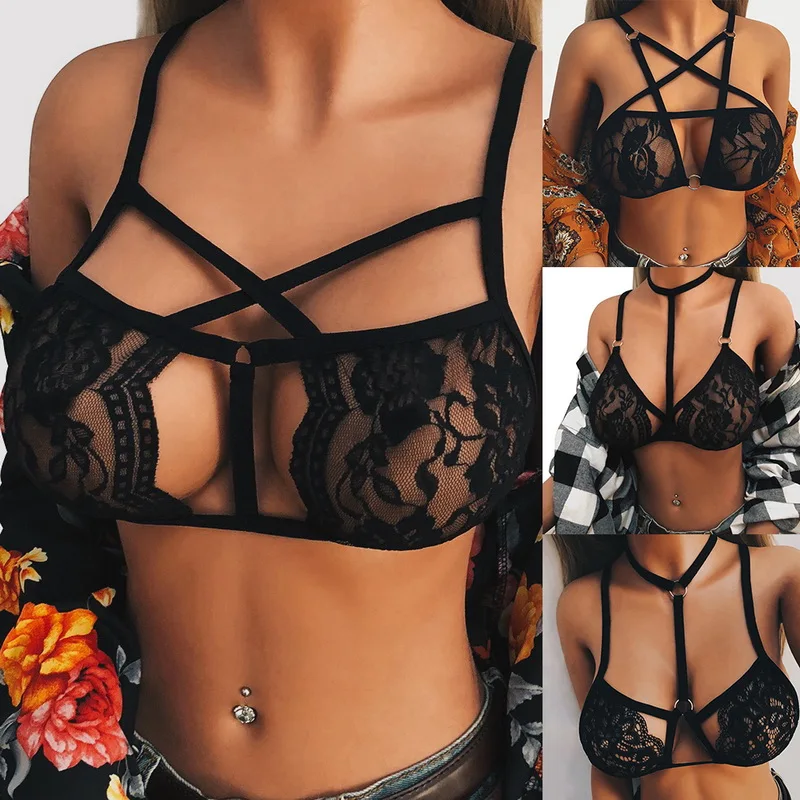 Женский бюстгальтер кружевной эластичный черный на бретельках с вырезами