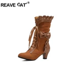 Женские ботинки до середины икры REAVECAT, синие вечерние чные ботинки в Стиле Лолита с круглым носком и бантом-бабочкой на массивном каблуке, большой размер 33-43, для осени и зимы, A3152