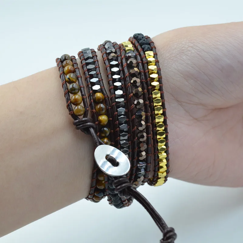 Asingeloo Boho Кожаный Браслет тигровый глаз камень гематит Шарм браслет для мужчин