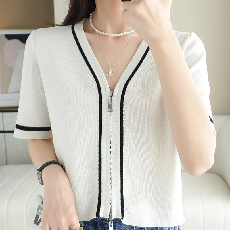 

Summer short ice silk cardigan knitted short-sleeved female v-neck slim thin half-sleeved T-shirt