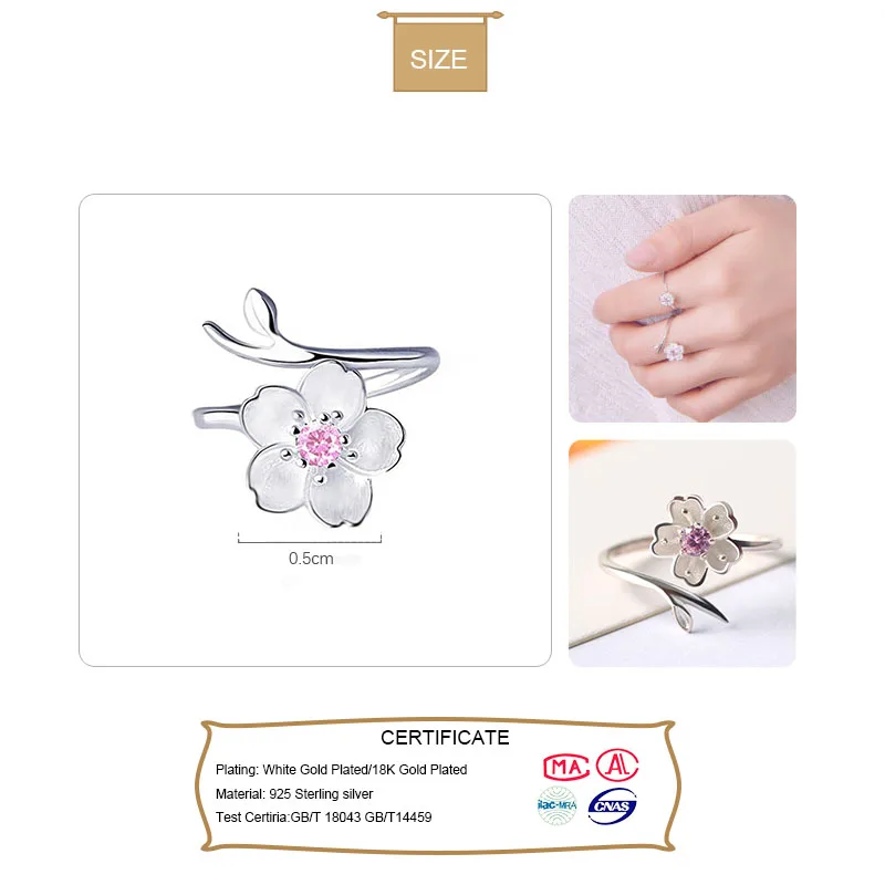 ElfoPlataSi 100% Стерлинговое Серебро 925 пробы модное коктейльное кольцо Sakura с фианитами