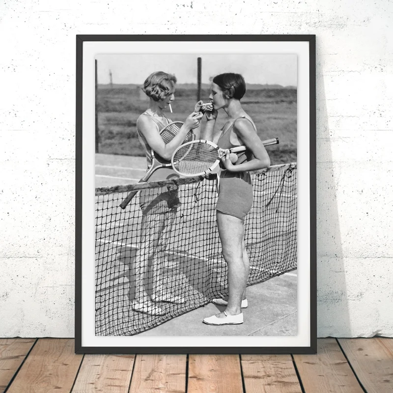 

Tennis Poster Canvas Painting Art Print Woman Smoking Vintage Photography Painting Black and White Picture Home Girls Room Decor