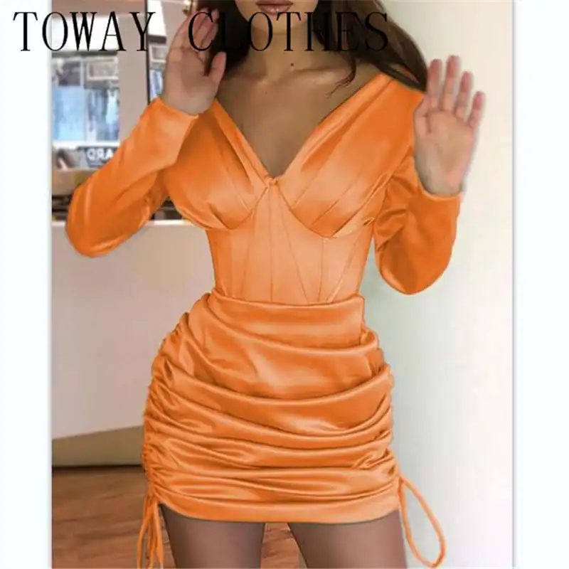 

Women V-Neck Plain Long Sleeve Ruched Drawstring Bodycon Dress Skinny Sexy Mini Dresses