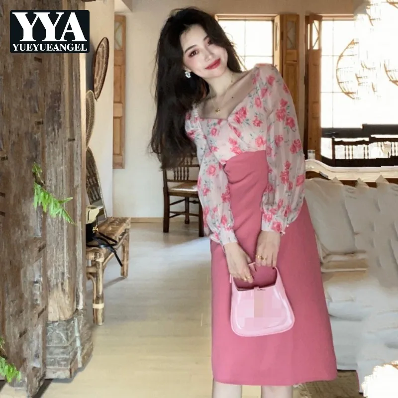 

Square Collar Puff Sleeve Mixed Color Straight Dress Office Lady French Floral Print Spliced Elegant Knee-Length Dress Fake-Two