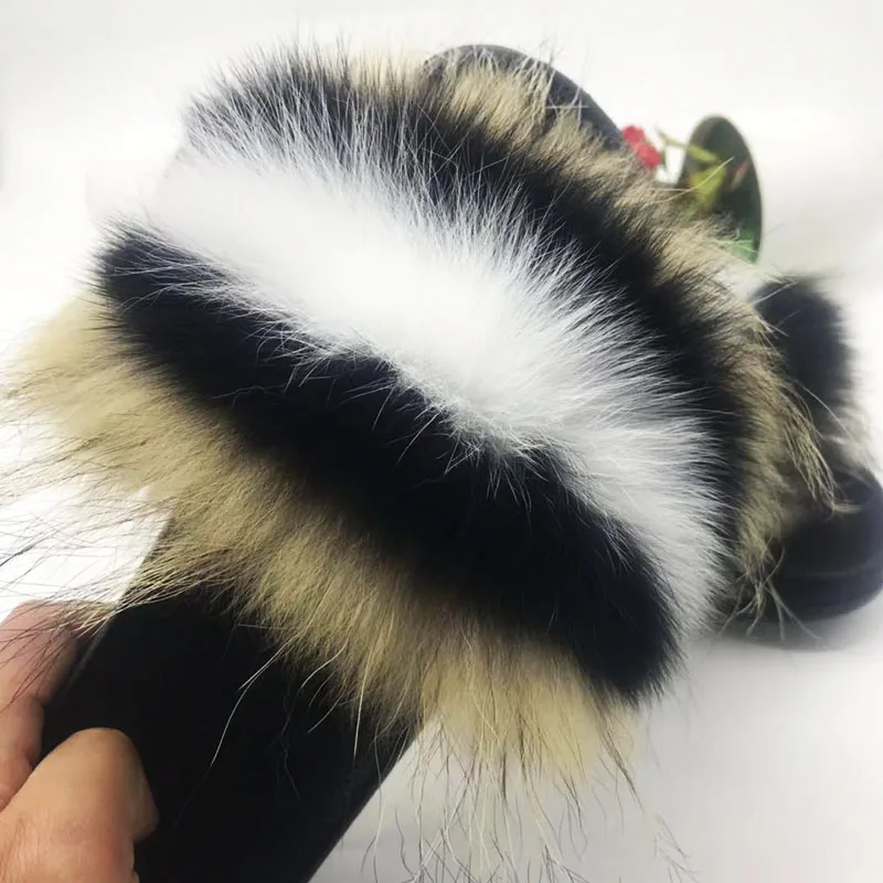 Женские зимние пушистые тапочки женские натуральным лисьим мехом Шлепанцы без