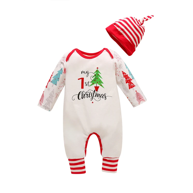 

BY Baby Christmas Romper 2Pcs Long-Sleeved Jumpsuit Fall Round Collar Tree Stripes Printed Crotch Buttons Clothes Xmas Clothing