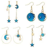 2021 new fashion blue space universe moon star earrings for women gold universe planet circle asymmetry long earrings