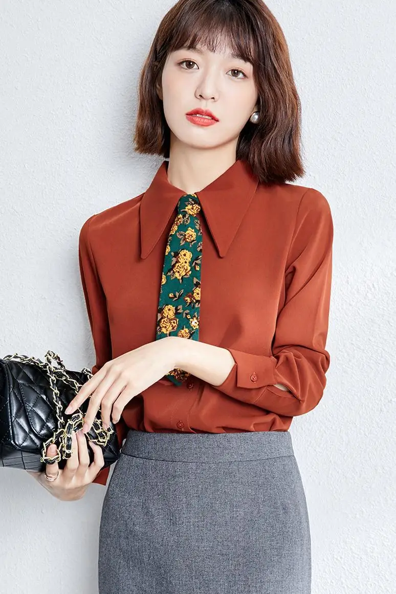 

New Long Sleeve Blouse Solid Color Lapel Chiffon Top Korean Fashion Blouses Comfortable Casual Shirt Houthion