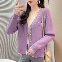 purple ladies knitted cardiganyellow autumn long sleeved v neck ladies blousesingle breasted solid color coatwarm winter coat