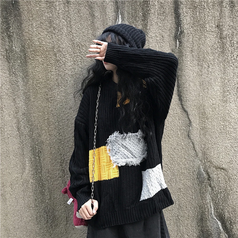 

Sweaters Fashion Female o-neck Pockets Patchwork Vintage Goth style Women's Clothing long sleeve pullover ins loose ladies