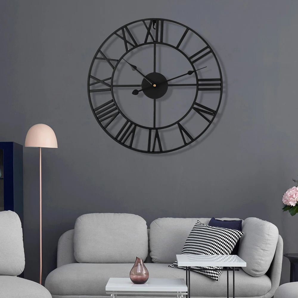 

40cm Large Wall Clock Nordic Metal Roman Numeral Wall Clock Retro Iron Round Face Black Home Decoration Living Room Stickers
