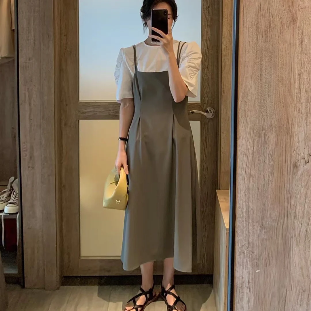 

2021 Summer New Korean Style Graceful Puff Sleeve Shirt + Design Dress Two-Piece Set