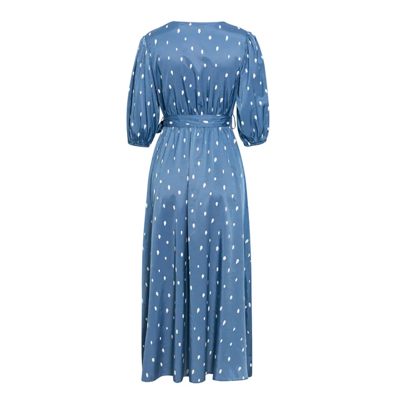 

Elegant Women Polka Dot Dress Sleeve Gown V Neck Belt Streetwear Wrap Dress Vestido Wear To Work