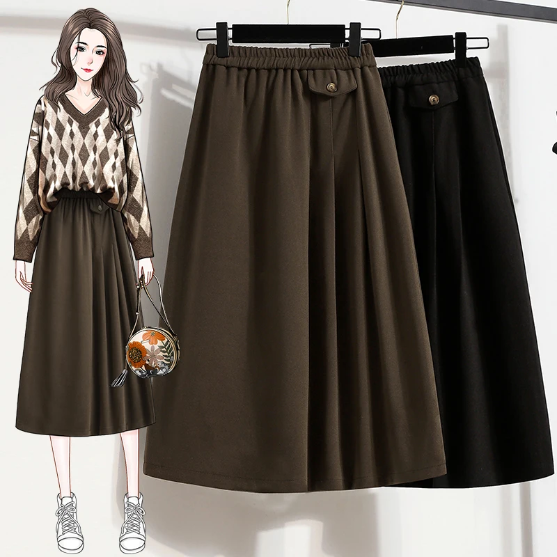 

Autumn Winter New Fashion Women Skirts Ladies Elastic Waist All-match Casual Ruffles Woolen Midi A Line Skirt Female Clothing