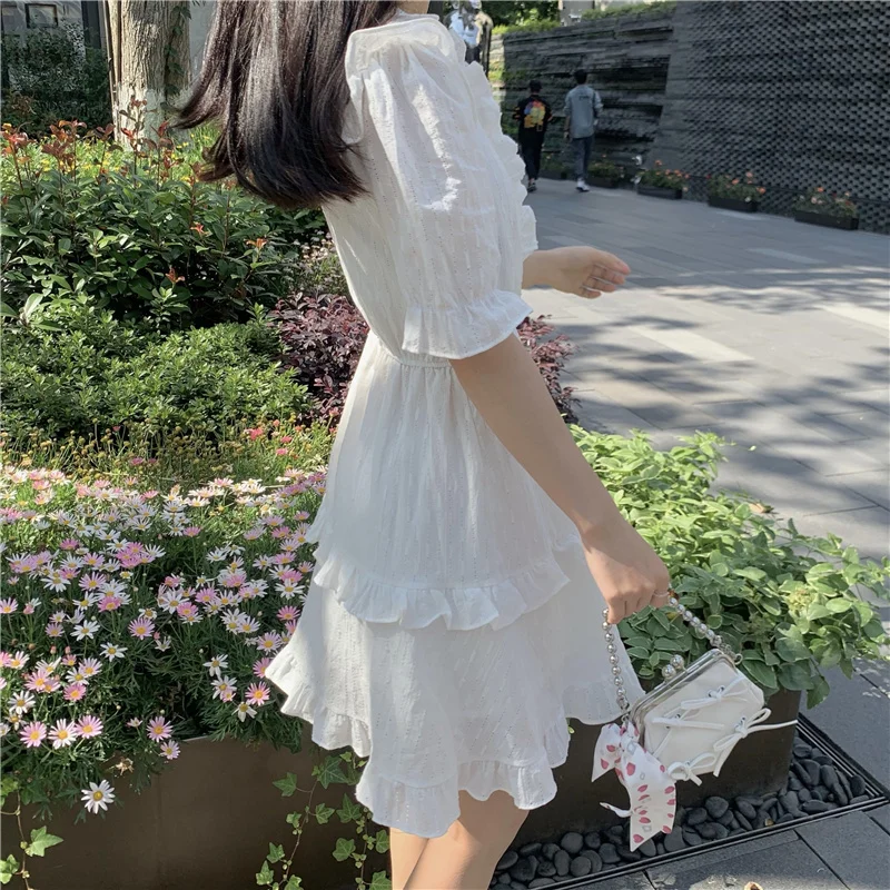 

2021 New Elegant Slim Mini Dresses Summer Vintage Female Short Sleeve White Dress Casual Holiday Lady Vestidos De Mujer Casual