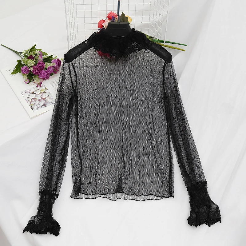 

Elegant Women Autumn Flare Sleeve Ruffles Basic Hollow Out Polka Dot Lace Flower Shirt Vintage Elastic Slim Pullover Blouse Tops