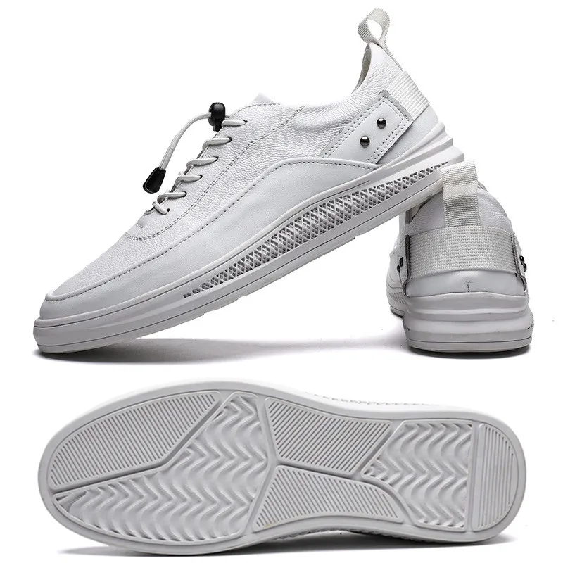 Mens White Shoes Fashion Leather Casual for Man Lace Up 2021 New Rubber Sole Non-slip Breathable Soft Flats Male Footwear | Обувь