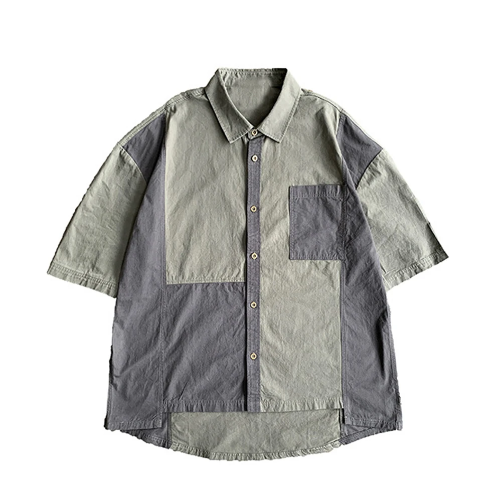 

2020 Stitching Color Contrast Short Sleeve Shirt Pocket Men Loose Casual Top Workwear men Clothing ropa hombre