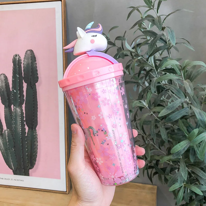 

Unicorn Creative Water Bottle Straw Type with Lid Summer Large Capacity Student Cute Ice Cup Plastic Female Cartoon