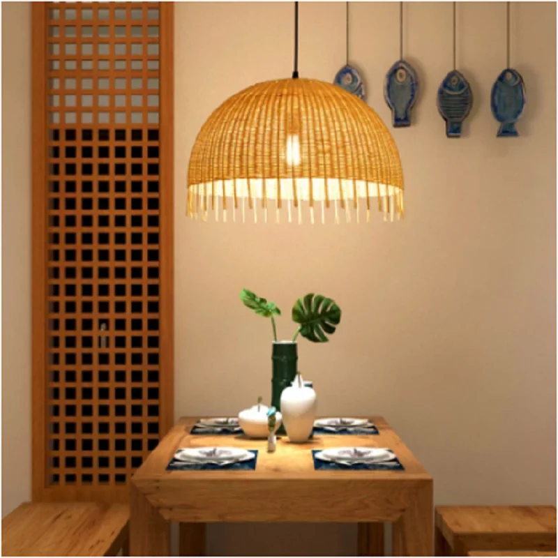 

Japanese handmade bamboo natural rattan lampshade round chandelier LED lantern handmade living room hotel dining room lamp