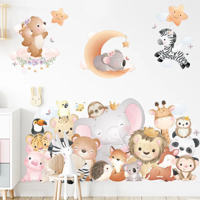 Cartoon Animals Children Room Decoration Wall Stickers Bedroom Sofa Background Self-adhesive Wallpapers Lion Elephant Star Poste | Дом и сад