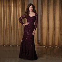 latest elegant burgundy lace mermaid mother of the bride dresses plunge neckline beaded wedding guest gowns long sleeves 2022