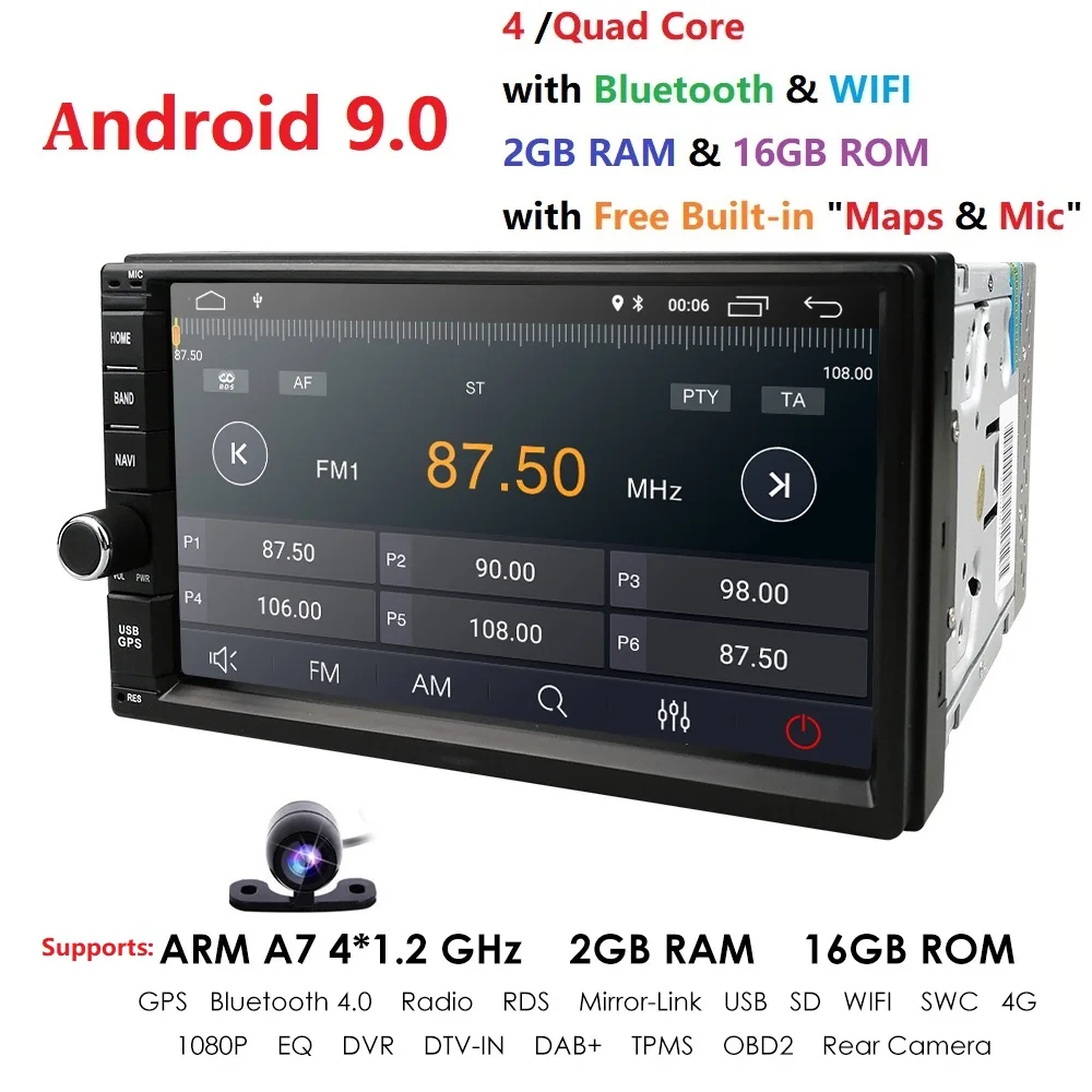 Четырехъядерный " 2Din Android9.0 автомобильный без DVD Радио мультимедийный плеер 1024*600 универсальный gps навигатор Авторадио Стерео аудио камера 1 грамм