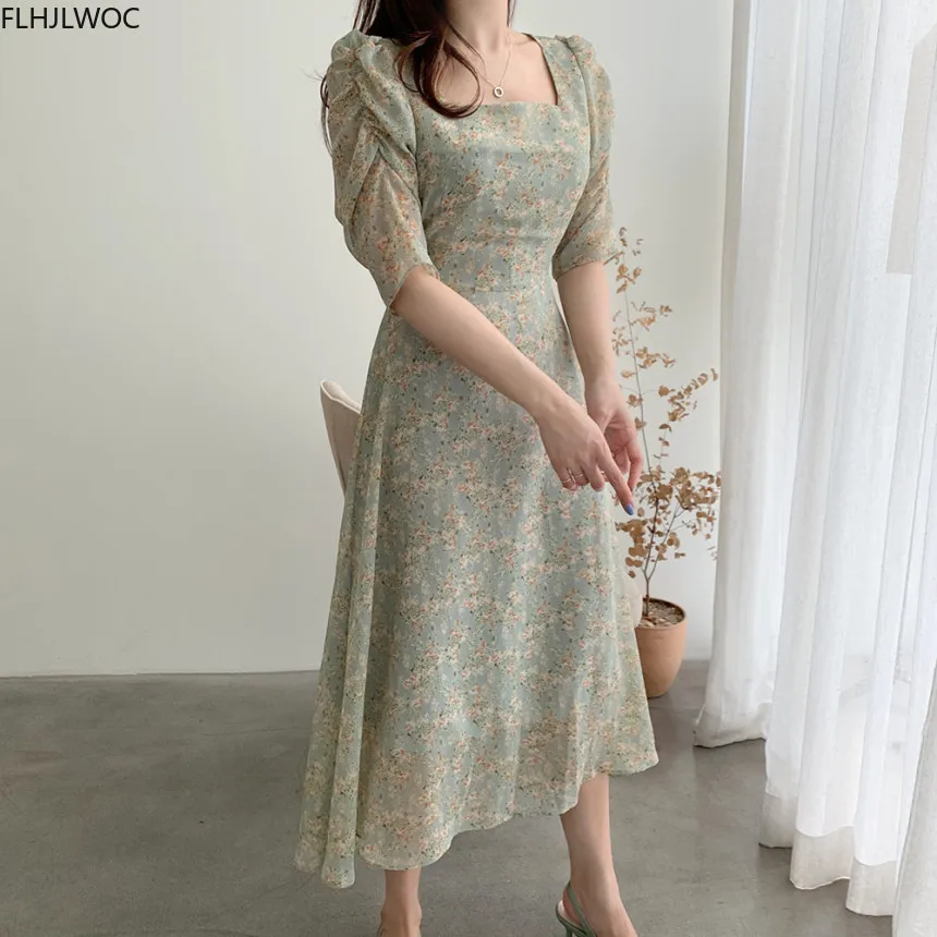 Korean Chic Dress Elegant Office Lady Temperament New 2020 Floral Print Square Collar A Line Retro Vintage Green Vestidos | Женская