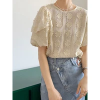 summer juzhi 2021 cut out lace temperament lady french round neck solid short sleeve shirt 8815 1